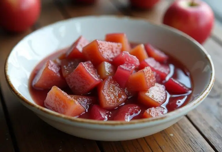 Compote pomme rhubarbe maison servie dans un plat rustique sur une table en bois, mettant en valeur sa texture brillante.