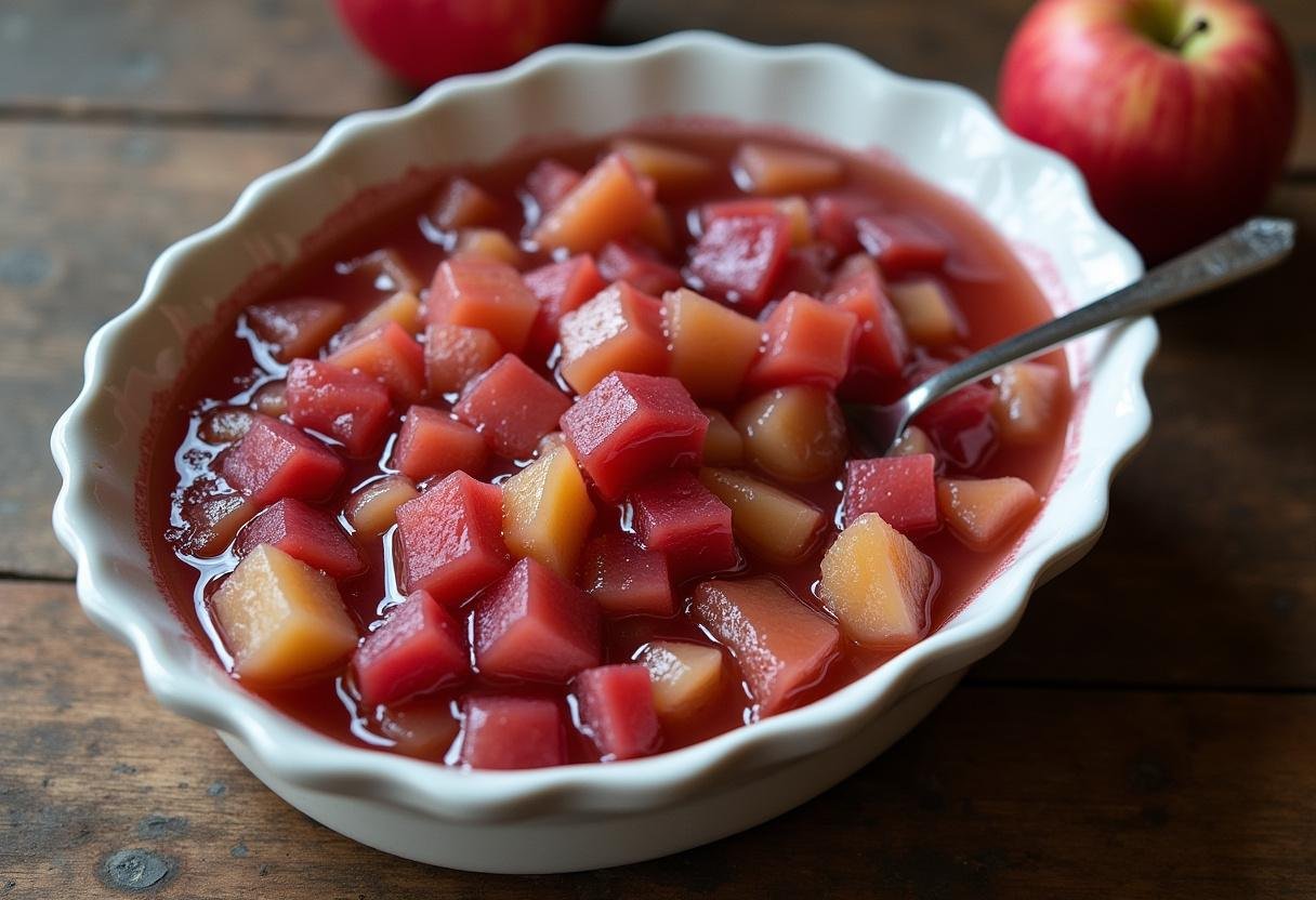 Compote pomme rhubarbe maison servie dans un plat rustique sur une table en bois, mettant en valeur sa texture brillante.