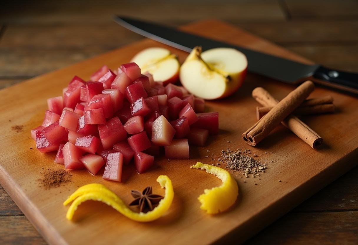 Préparation de compote pomme rhubarbe avec des morceaux de rhubarbe et de pommes fraßches sur une planche à découper.