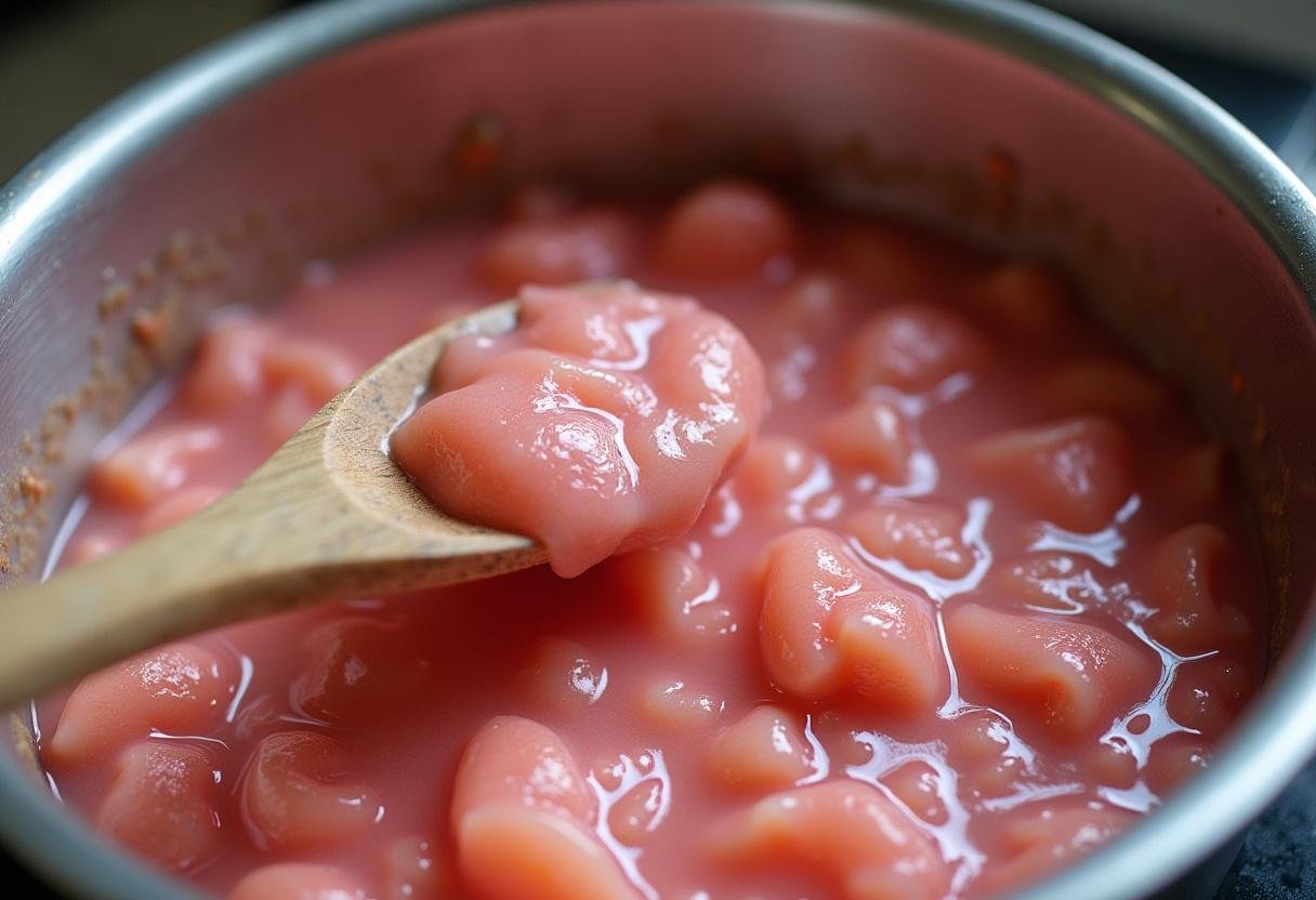 Mélange de la compote pomme rhubarbe dans une casserole, avec une cuillÚre en bois remuant le mélange coloré.