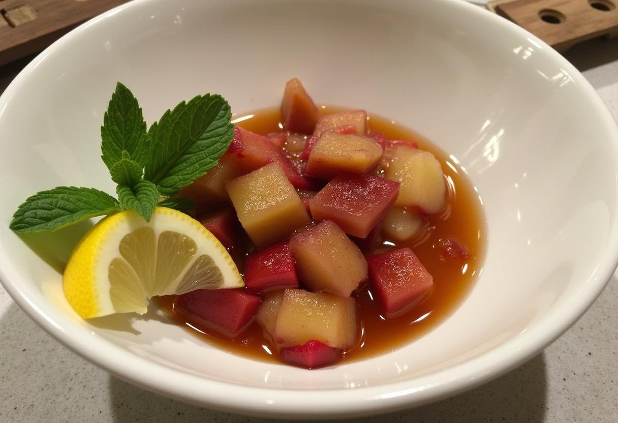 Boule de compote pomme rhubarbe maison, décorée d'une feuille de menthe et d'une tranche de citron.