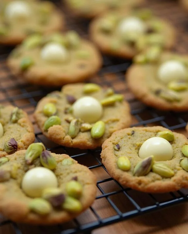 Cookies pistache bien dorés et chocolat blanc refroidissant sur une grille, délicieuse pâtisserie.
