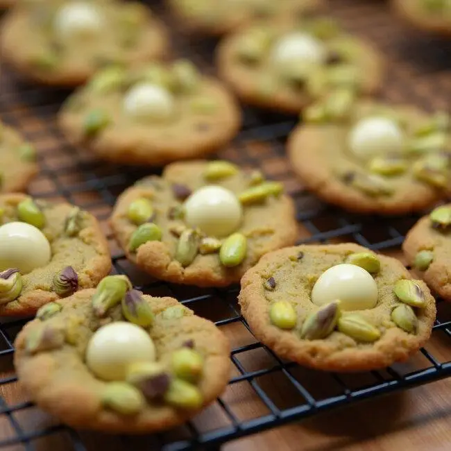 Cookies pistache bien dorés et chocolat blanc refroidissant sur une grille, délicieuse pâtisserie.