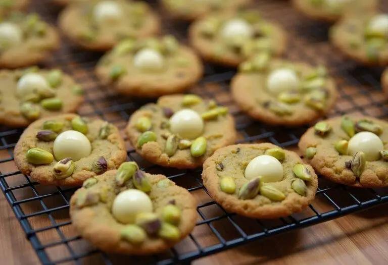 Cookies pistache bien dorés et chocolat blanc refroidissant sur une grille, délicieuse pùtisserie.