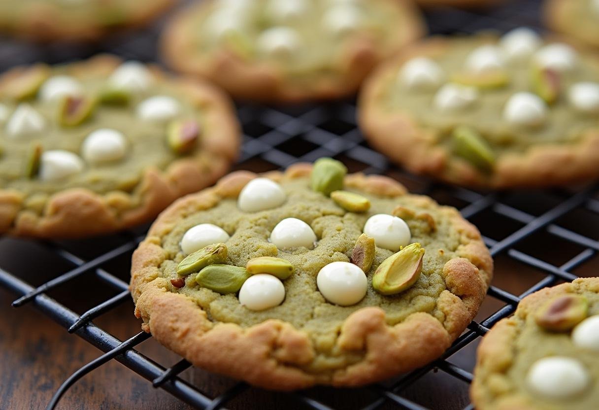 Cookies pistache bien dorés et chocolat blanc refroidissant sur une grille, délicieuse pùtisserie.