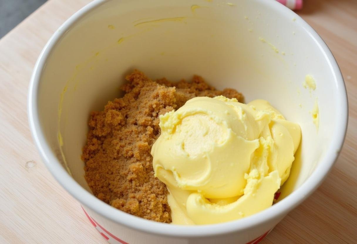 Mélange de beurre ramolli et de sucre brun dans un bol, préparation de cookies à la pistache.