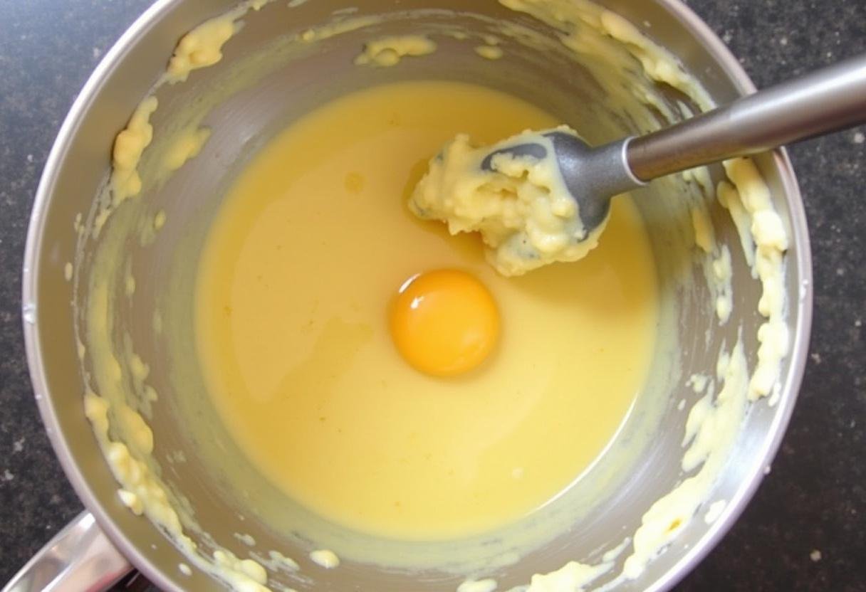 Incorporation des Ćufs et de l'extrait de vanille dans la pĂąte Ă cookies Ă la pistache.