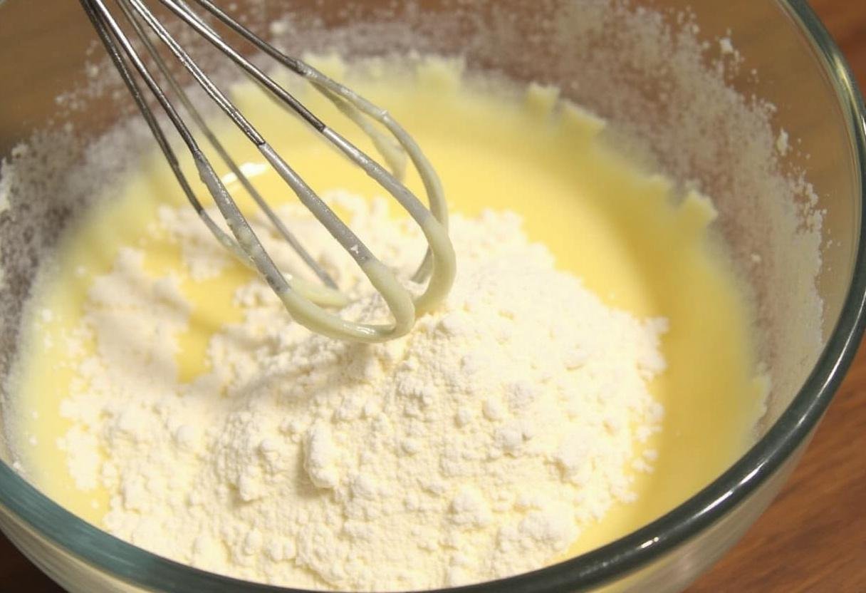 Mélange de farine, bicarbonate de soude et sel pour la préparation des cookies pistache.