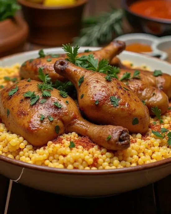 Grand bol de couscous poulet traditionnel, magnifiquement garni, sur une table en bois rustique.