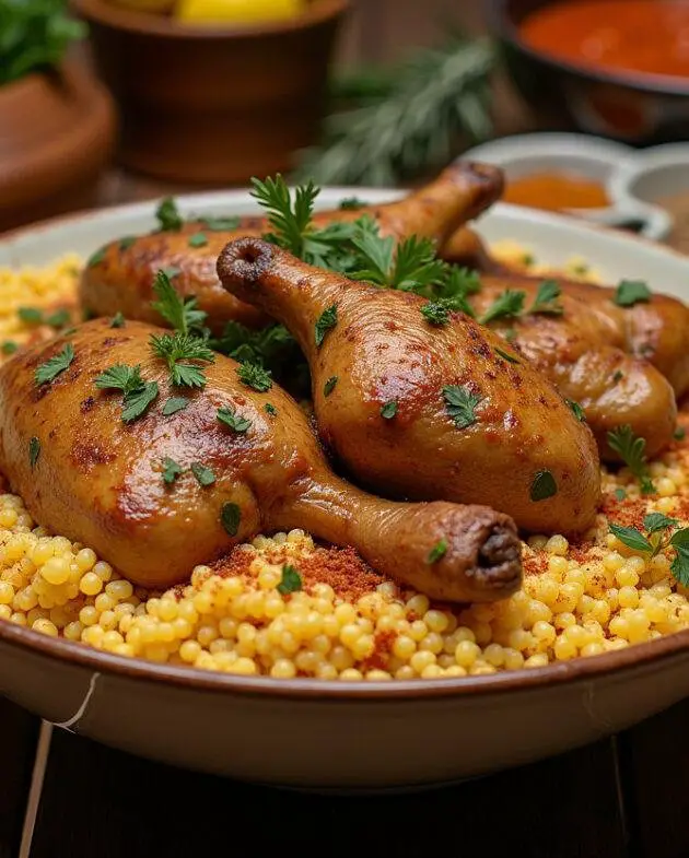 Grand bol de couscous poulet traditionnel, magnifiquement garni, sur une table en bois rustique.