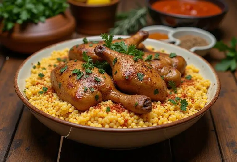 Grand bol de couscous poulet traditionnel, magnifiquement garni, sur une table en bois rustique.