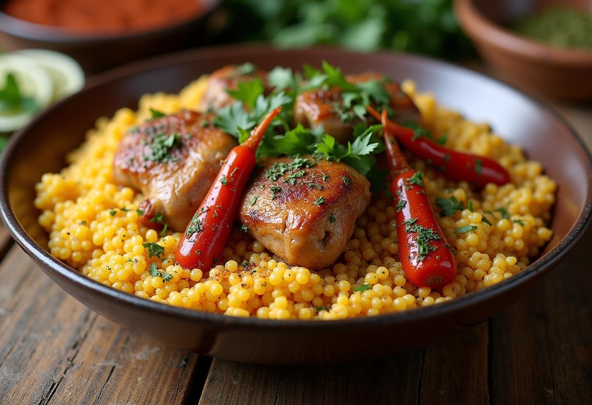 Grand bol de couscous poulet traditionnel, magnifiquement garni, sur une table en bois rustique.