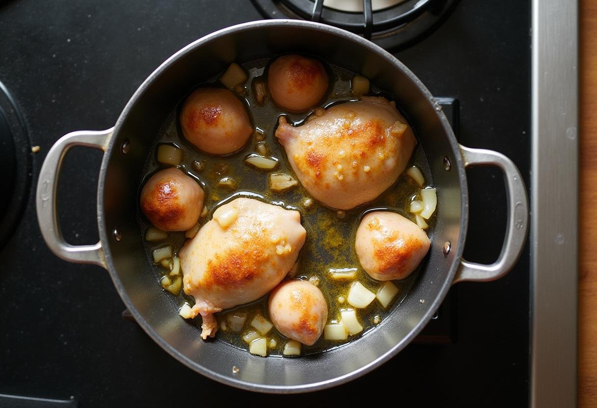 Pot sur le feu avec morceaux de poulet dorant dans de l'huile d'olive, oignons et ail, représentant la préparation traditionnelle du couscous au poulet.
