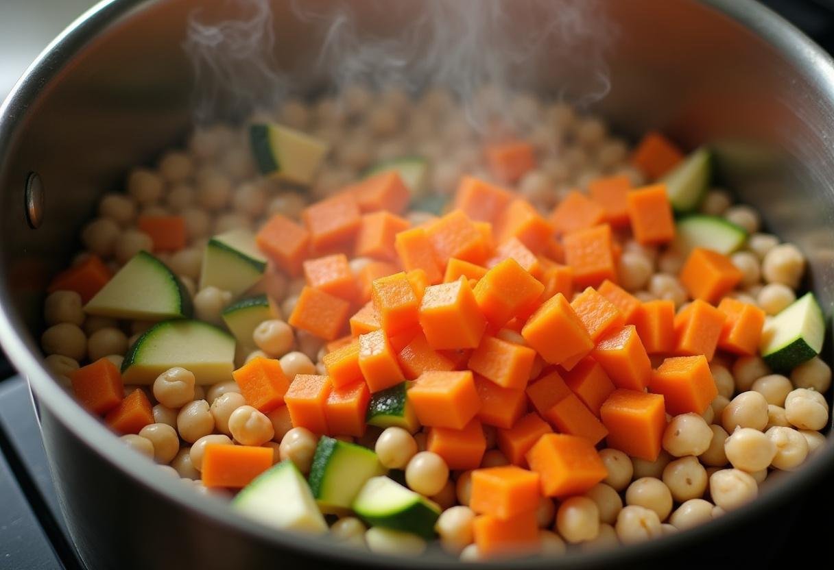 Ajout de carottes en dés, courgettes et pois chiches dans le pot, illustrant les ingrédients frais pour le couscous poulet.