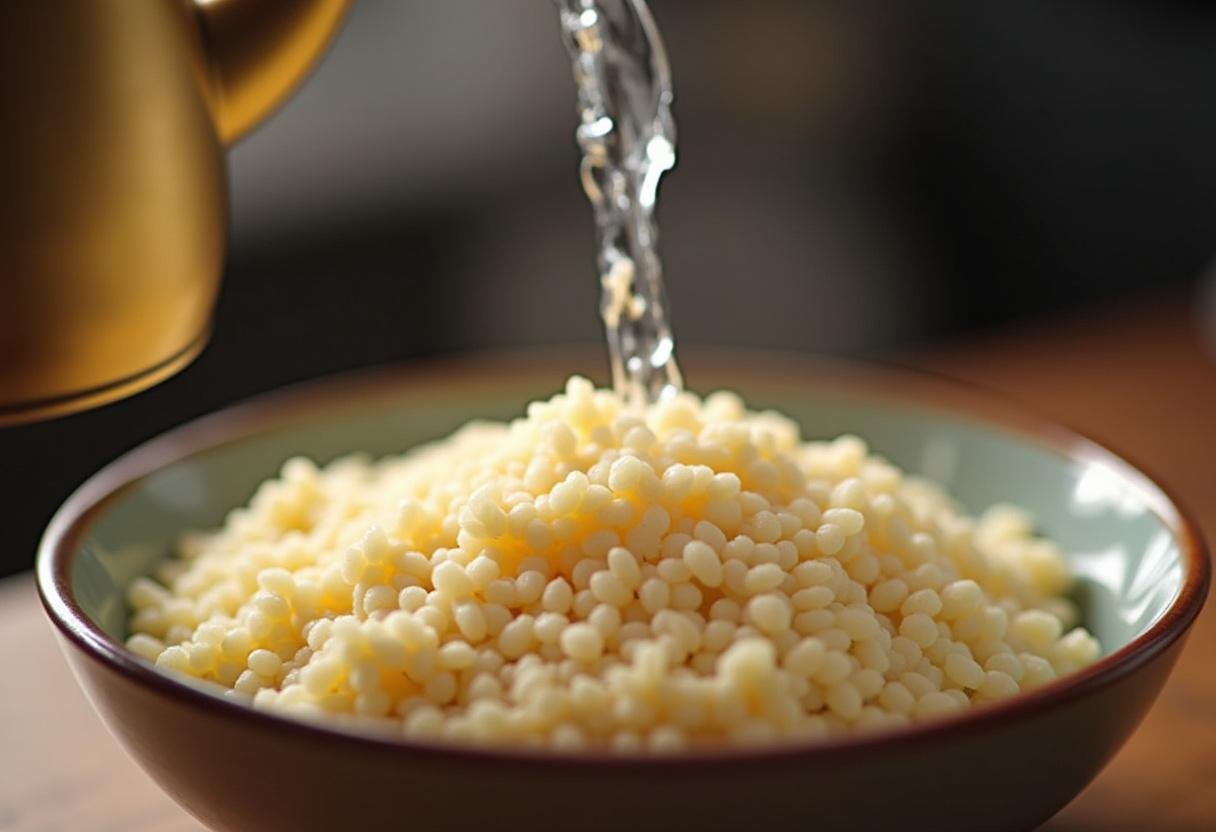 Bol de couscous avec de l'eau chaude versée, montrant la préparation des grains pour un délicieux couscous au poulet.