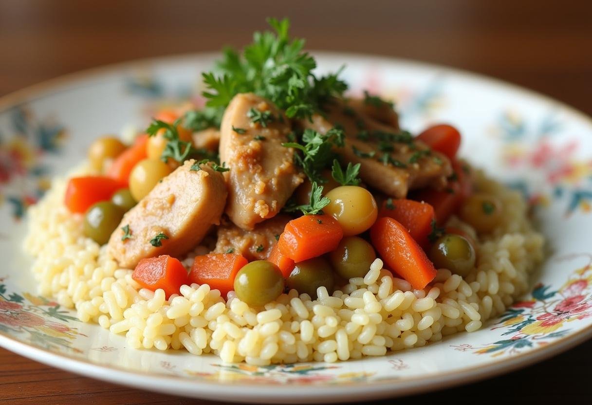 Plat décoratif avec mélange de poulet et légumes sur couscous moelleux, mettant en valeur le couscous au poulet traditionnel.