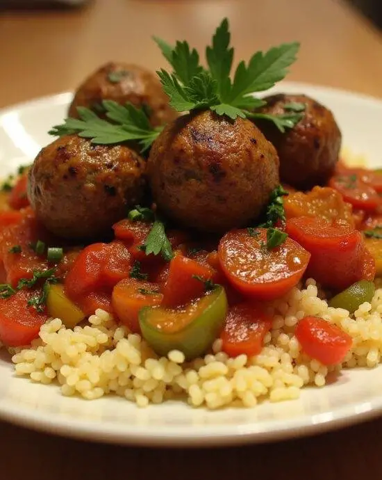 Présentation du Couscous Royal aux Boulettes: assiette généreuse de couscous, boulettes juteuses et légumes, décorée d'herbes fraîches.