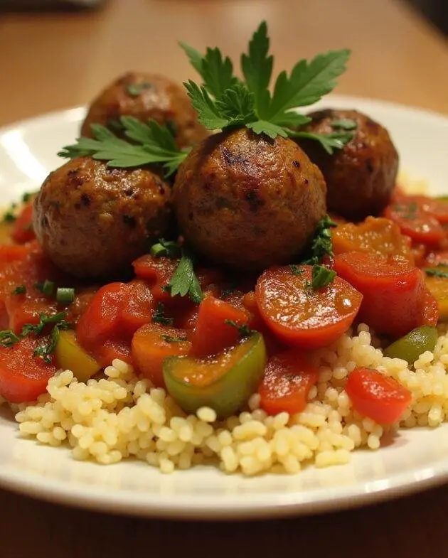Présentation du Couscous Royal aux Boulettes: assiette généreuse de couscous, boulettes juteuses et légumes, décorée d'herbes fraîches.
