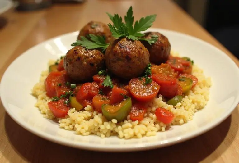 Présentation du Couscous Royal aux Boulettes: assiette généreuse de couscous, boulettes juteuses et légumes, décorée d'herbes fraîches.