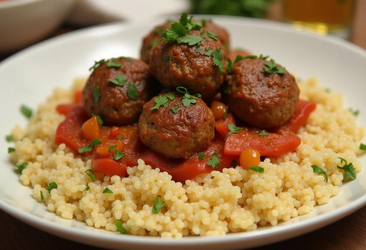Présentation du Couscous Royal aux Boulettes: assiette généreuse de couscous, boulettes juteuses et légumes, décorée d'herbes fraîches.