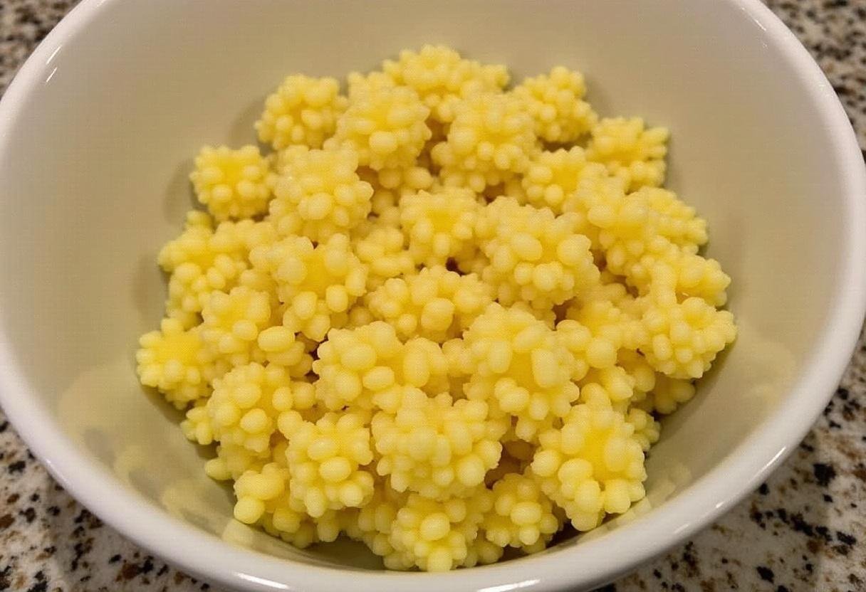 Préparation du couscous: mélange de la semoule avec de l'eau chaude et de l'huile d'olive pour une texture aérée.