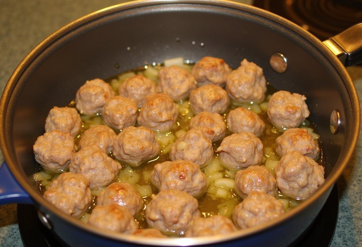 Cuisson des boulettes: oignons et ail dorés dans l'huile d'olive, ajout des boulettes pour les dorer uniformément.