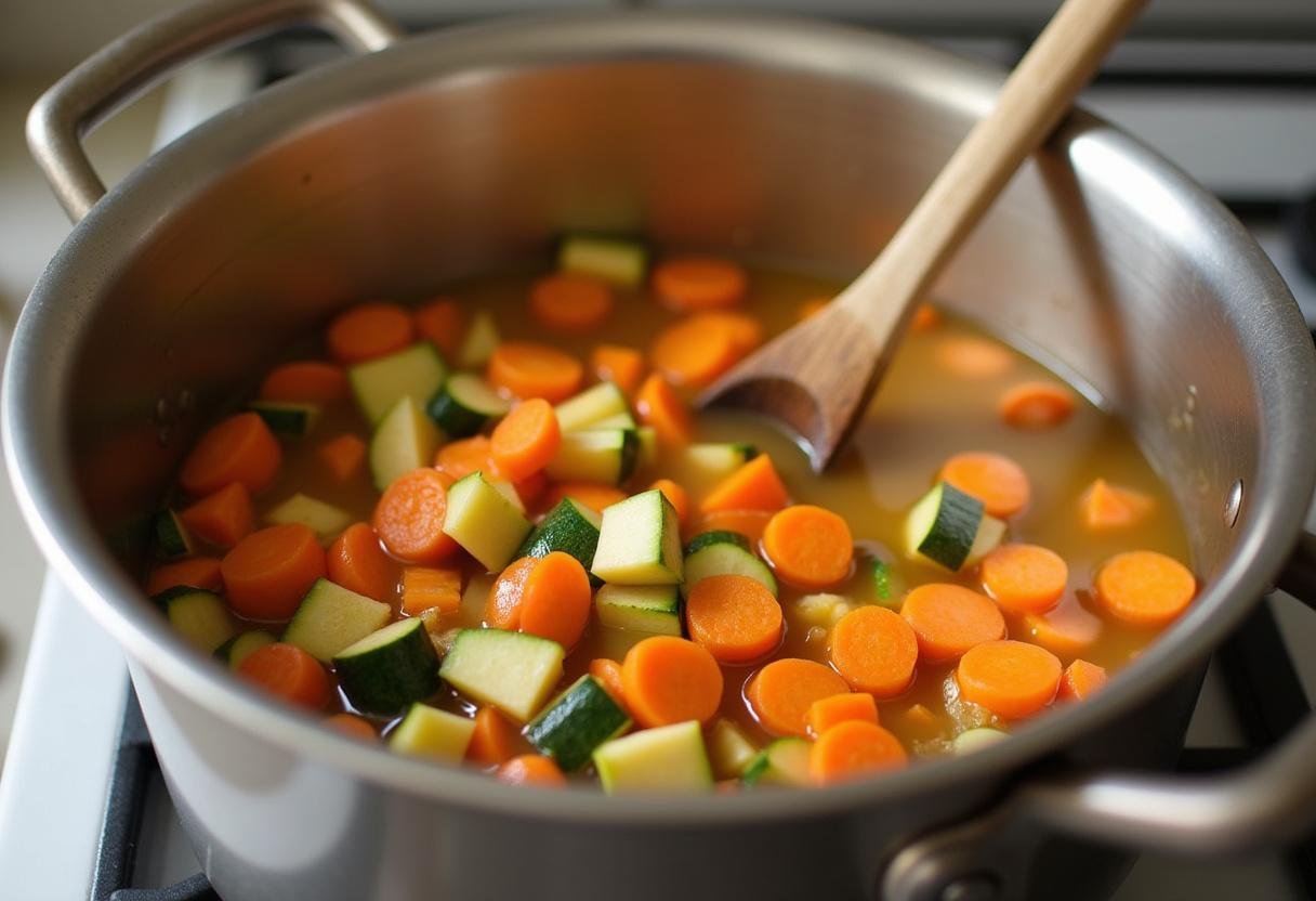 Ajout des légumes: carottes et courgettes dans le pot avec du bouillon pour une cuisson savoureuse et parfumée.