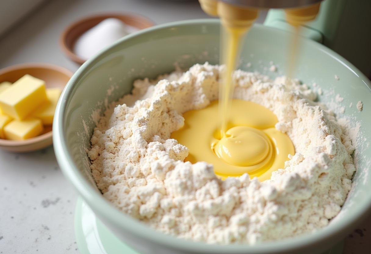 Préparation de la pùte à croissant cookie avec de la farine, du beurre et du sucre pour des cookies croissant parfaits.
