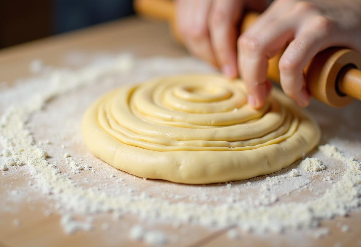 Ătaler la pĂąte pour crĂ©er des couches de croissants cookies qui donneront une texture feuilletĂ©e dĂ©licieuse.