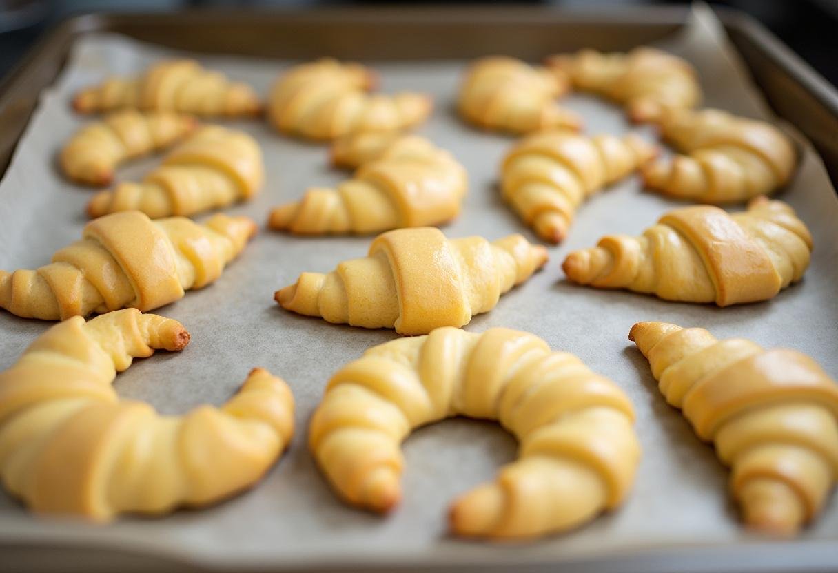 DĂ©coupe des formes de croissant cookie prĂȘtes Ă ĂȘtre cuites, montrant la prĂ©paration mĂ©ticuleuse des cookies croissant.