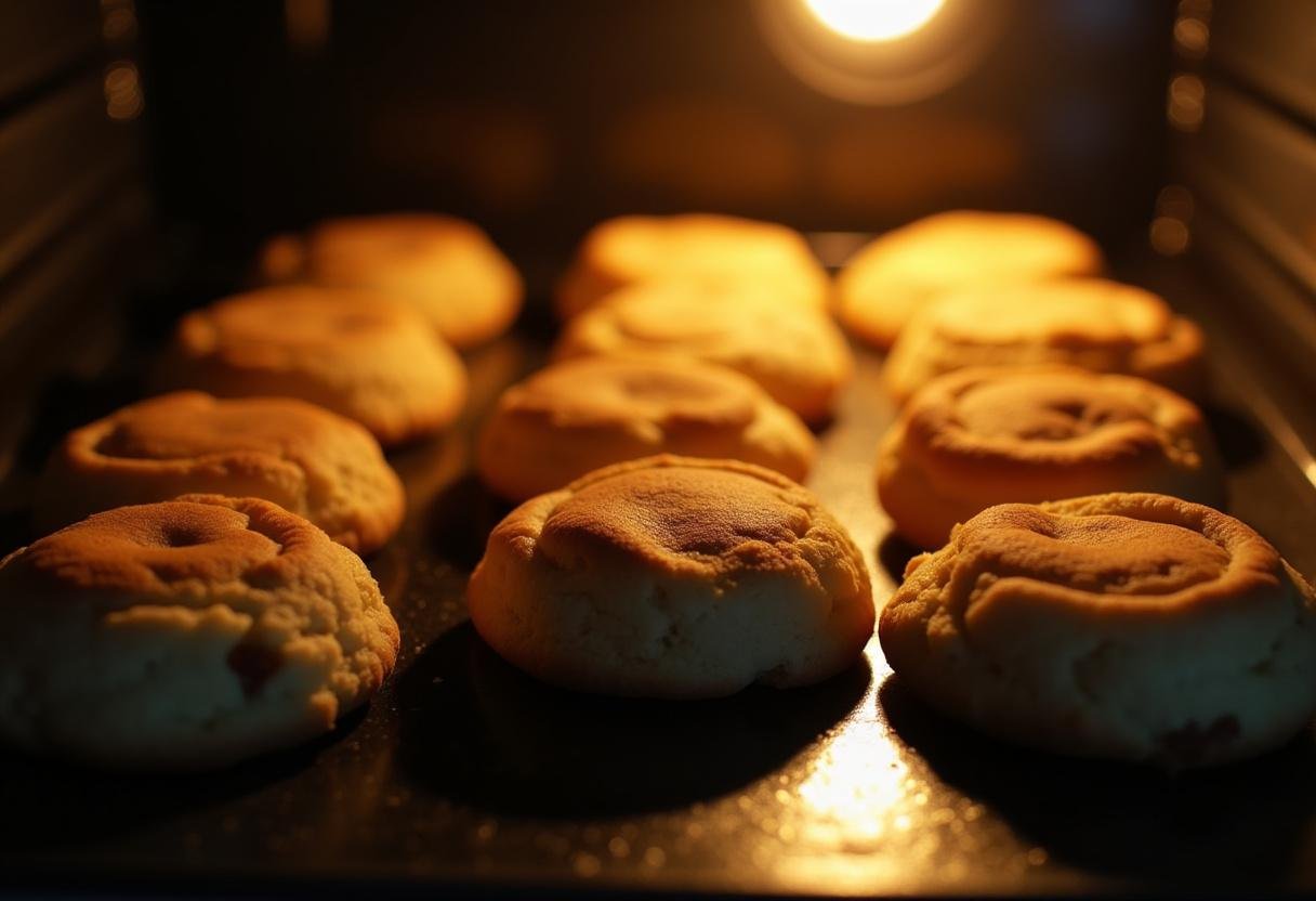 Croissants cookies dorés en train de cuire au four, illustrant le processus de cuisson de ces délices.