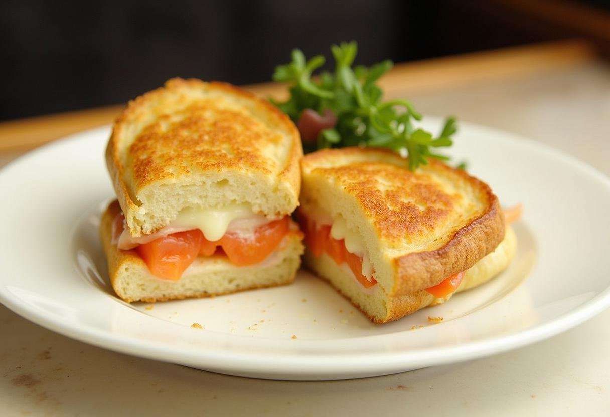 Croque monsieur au saumon fumé chic, prêt à déguster avec une présentation élégante.