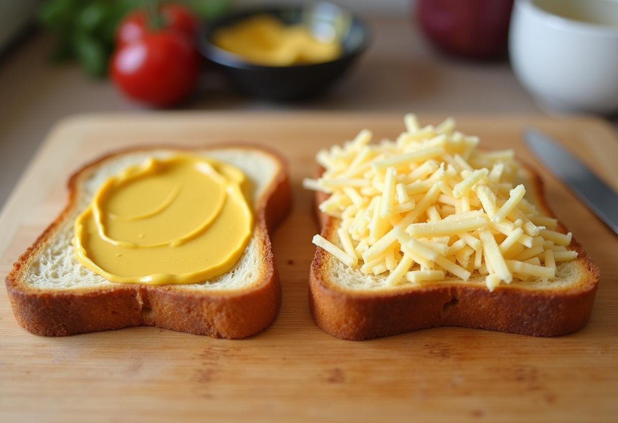 Préparation du croque monsieur saumon avec pain grillé et moutarde à la dijon.