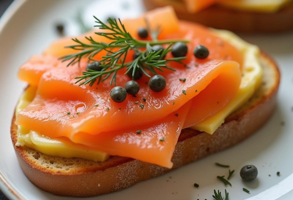 Ajout de saumon fumé et garnitures sur le croque monsieur délicieux.