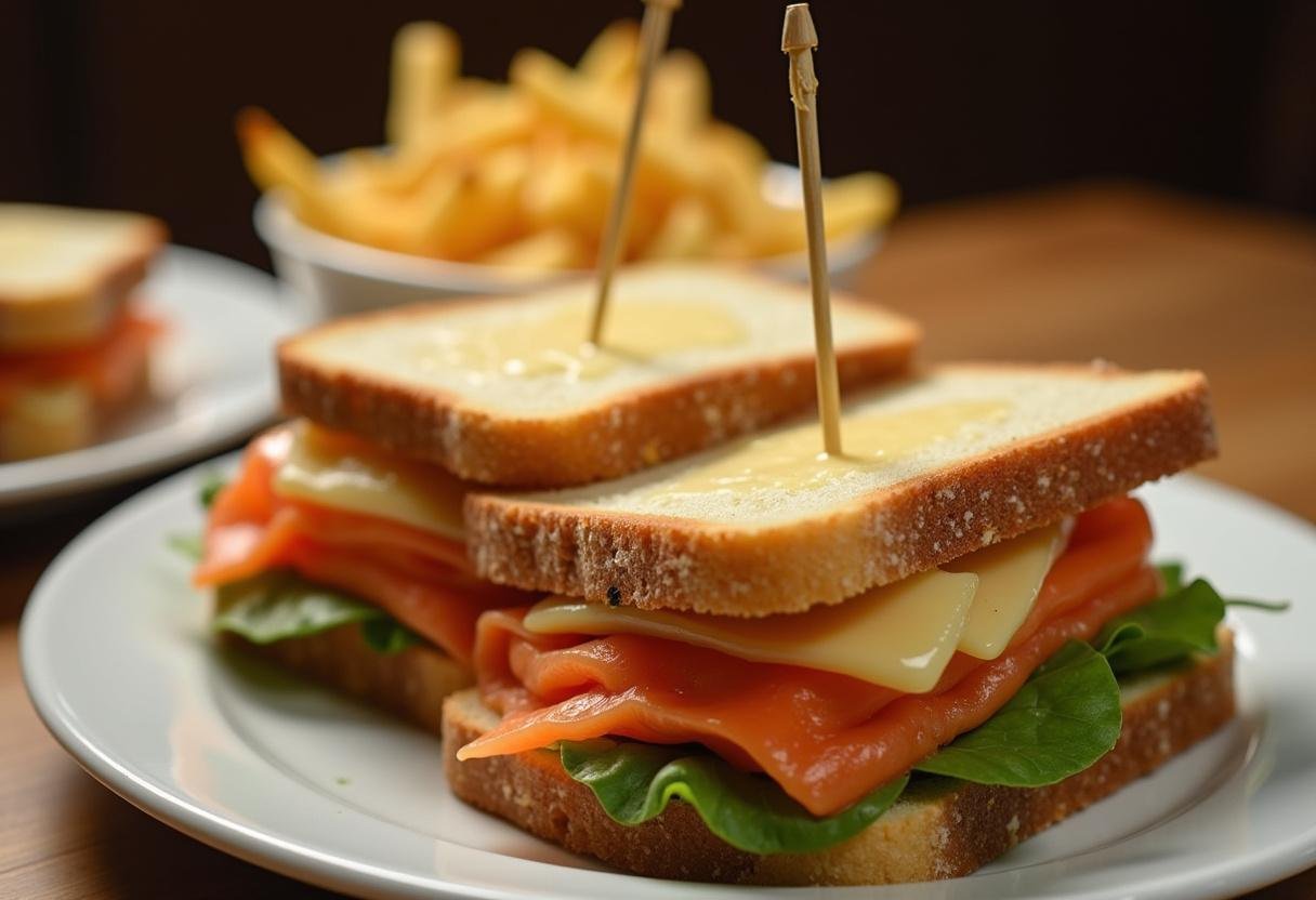 Montage du croque monsieur au saumon avec une garniture de frites croustillantes.