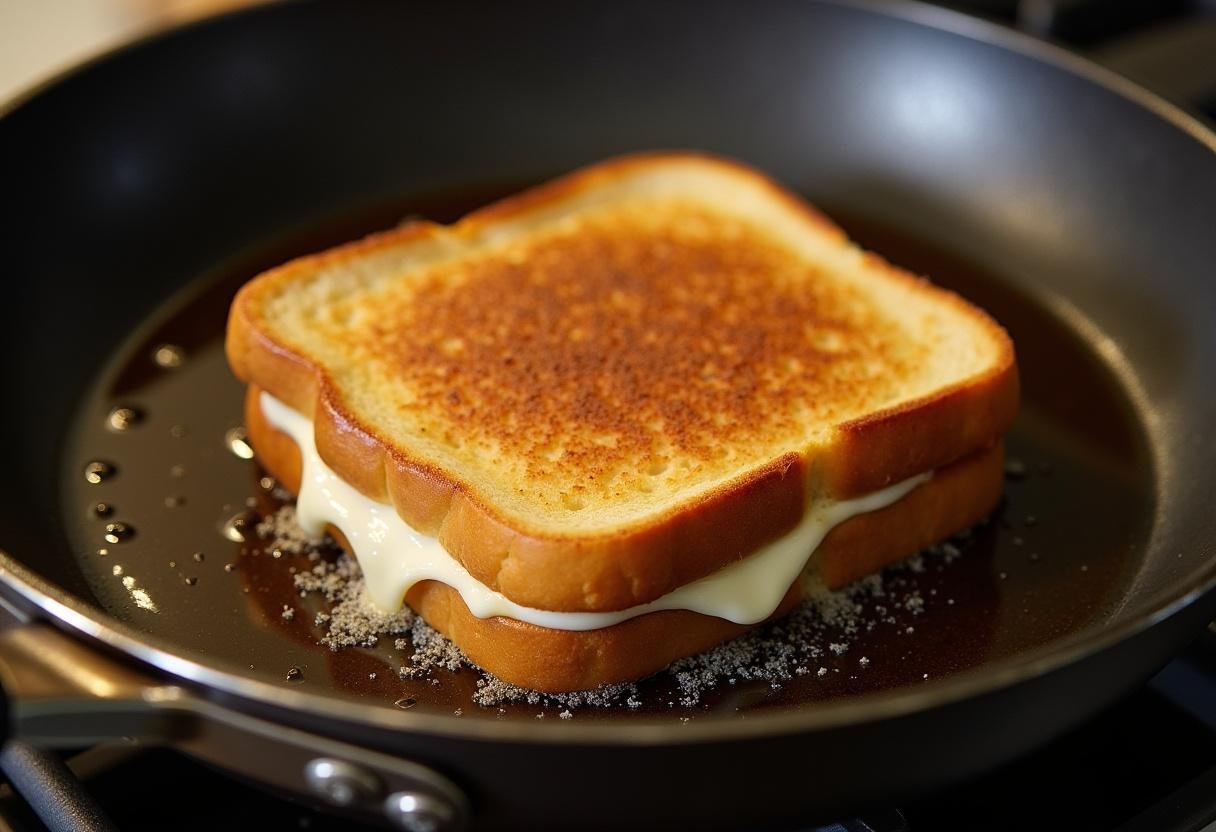 Cuisson du croque monsieur au saumon dans une poêle bien chauffée.