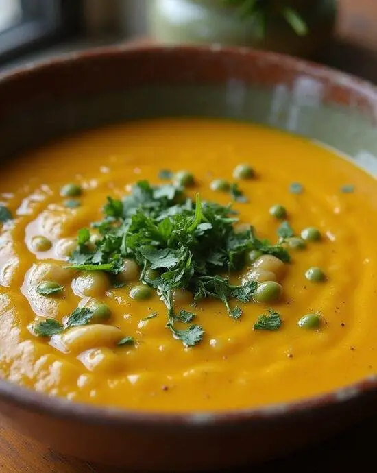 Soupe crémeuse de pois cassés dans un bol rustique, garnie d'huile d'olive et d'herbes fraîches.