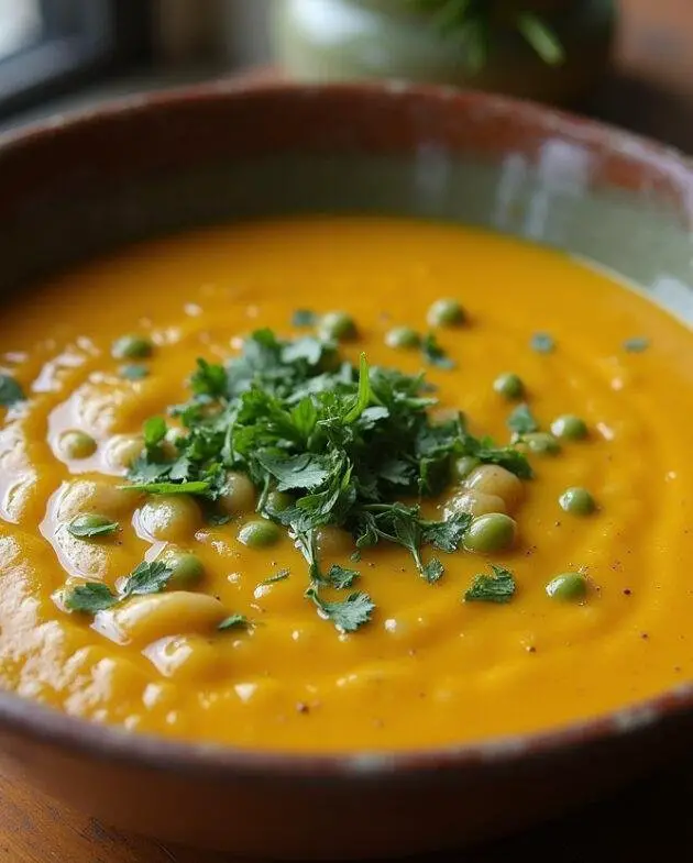 Soupe crémeuse de pois cassés dans un bol rustique, garnie d'huile d'olive et d'herbes fraîches.