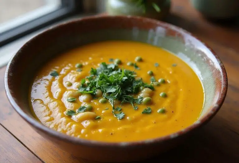 Soupe crémeuse de pois cassés dans un bol rustique, garnie d'huile d'olive et d'herbes fraîches.