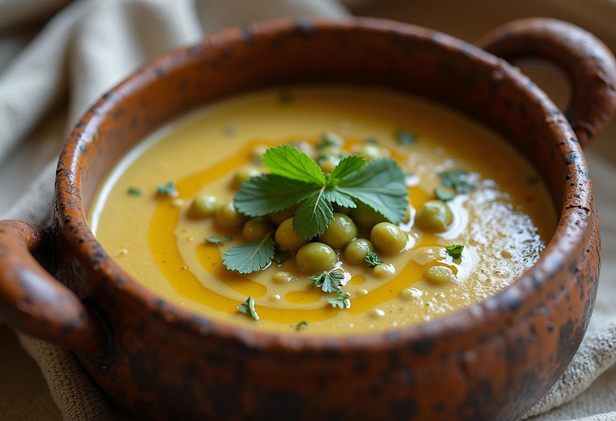 Soupe crémeuse de pois cassés dans un bol rustique, garnie d'huile d'olive et d'herbes fraîches.