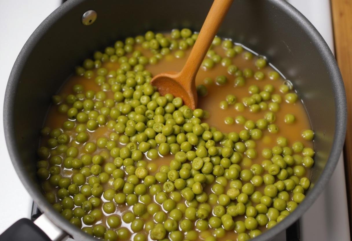 Cuisson des pois cassés dans le bouillon de légumes pour une saveur délicieuse.