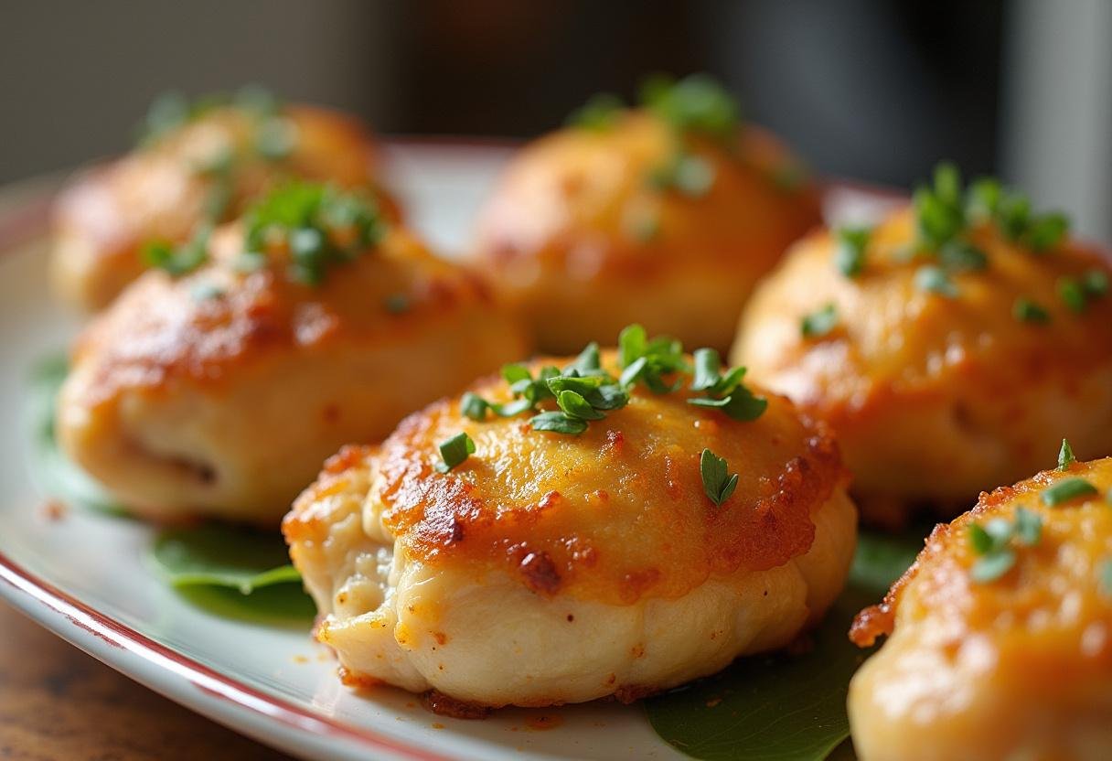 Présentation des paupiettes de poulet cuites à la perfection, décorées d'herbes fraîches, prêtes à être dégustées.