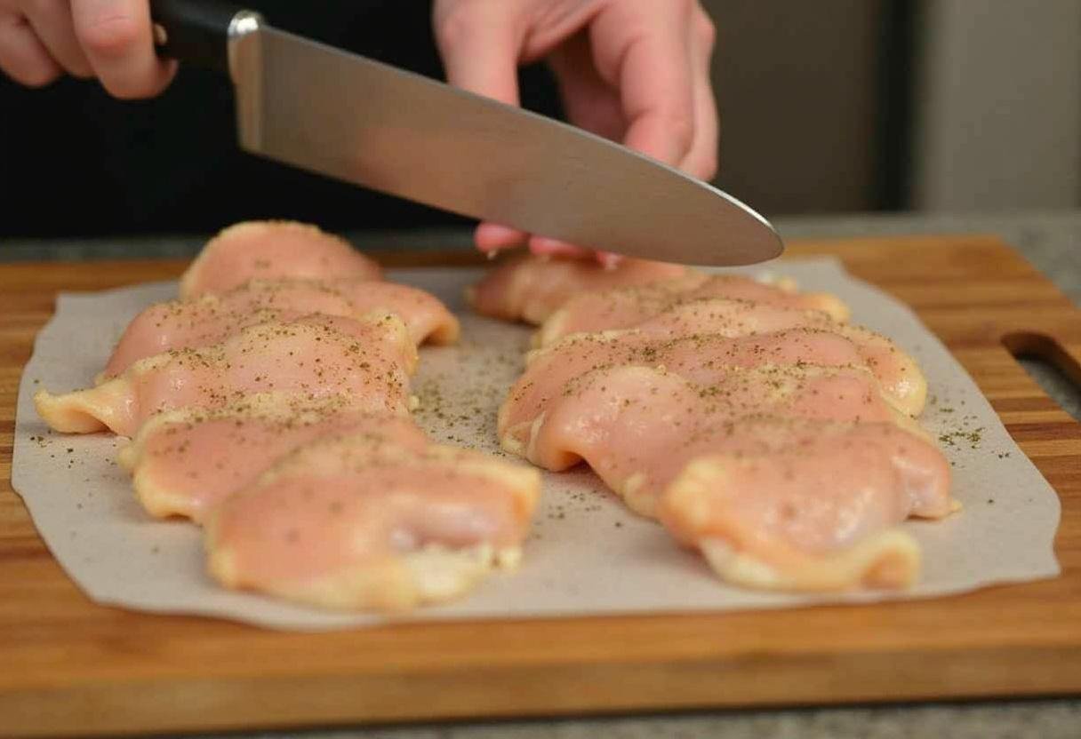 Préparation des paupiettes de poulet assaisonnées prêtes à être farcies.
