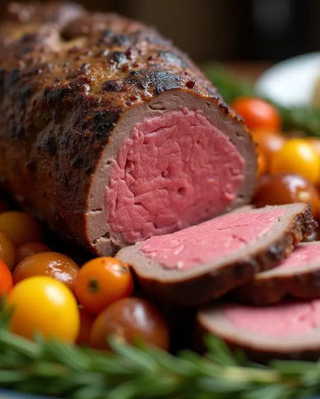 Rôti de boeuf parfaitement cuit au four, tranché et servi avec des légumes rôtis.