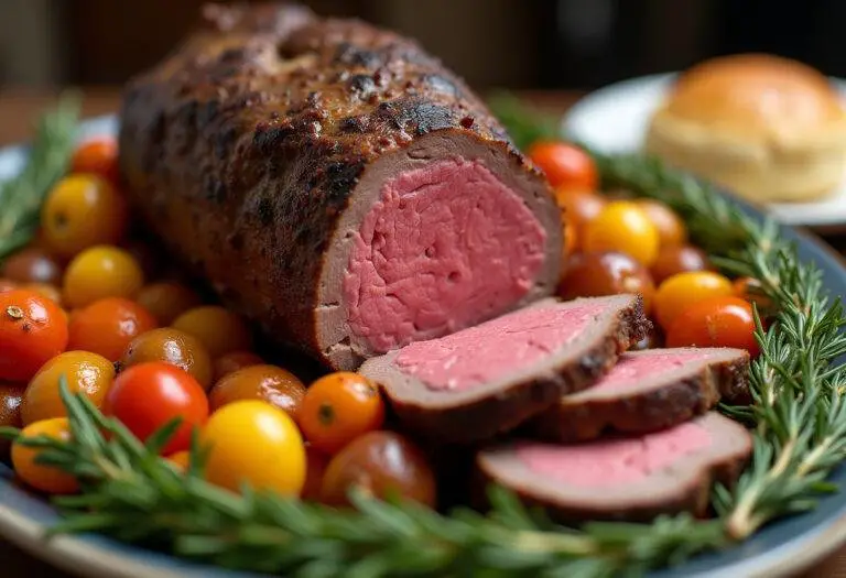 Rôti de boeuf parfaitement cuit au four, tranché et servi avec des légumes rôtis.