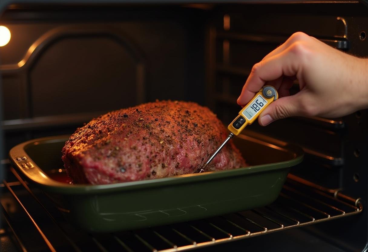 Roasting du roti de boeuf dans un four préchauffé, surveillant la température avec un thermomètre à viande.