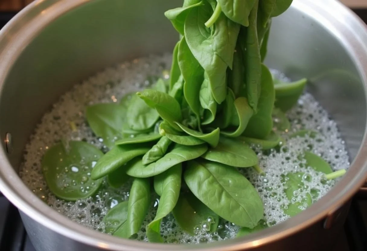 Temps de cuisson épinards frais à l'eau : ajouter les épinards à l'eau bouillante.