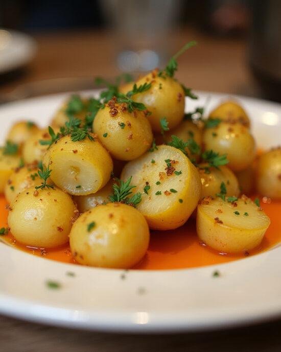 Présentation finale de pommes de terre à la cocotte minute, prêtes à être dégustées dans un cadre chaleureux.