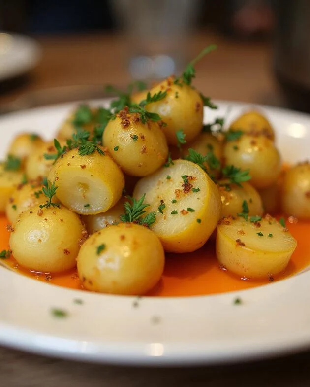 Présentation finale de pommes de terre à la cocotte minute, prêtes à être dégustées dans un cadre chaleureux.