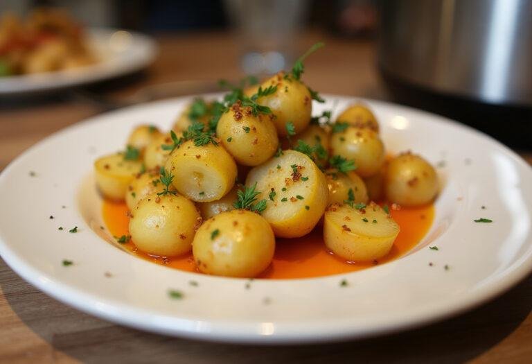 PrĂ©sentation finale de pommes de terre Ă la cocotte minute, prĂȘtes Ă ĂȘtre dĂ©gustĂ©es dans un cadre chaleureux.